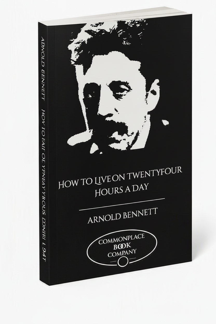 A black book titled "How to Live on Twentyfour Hours a Day" by Arnold Bennett, featuring a high-contrast white portrait graphic on the cover and spine, with the Commonplace Book Company logo at the bottom.